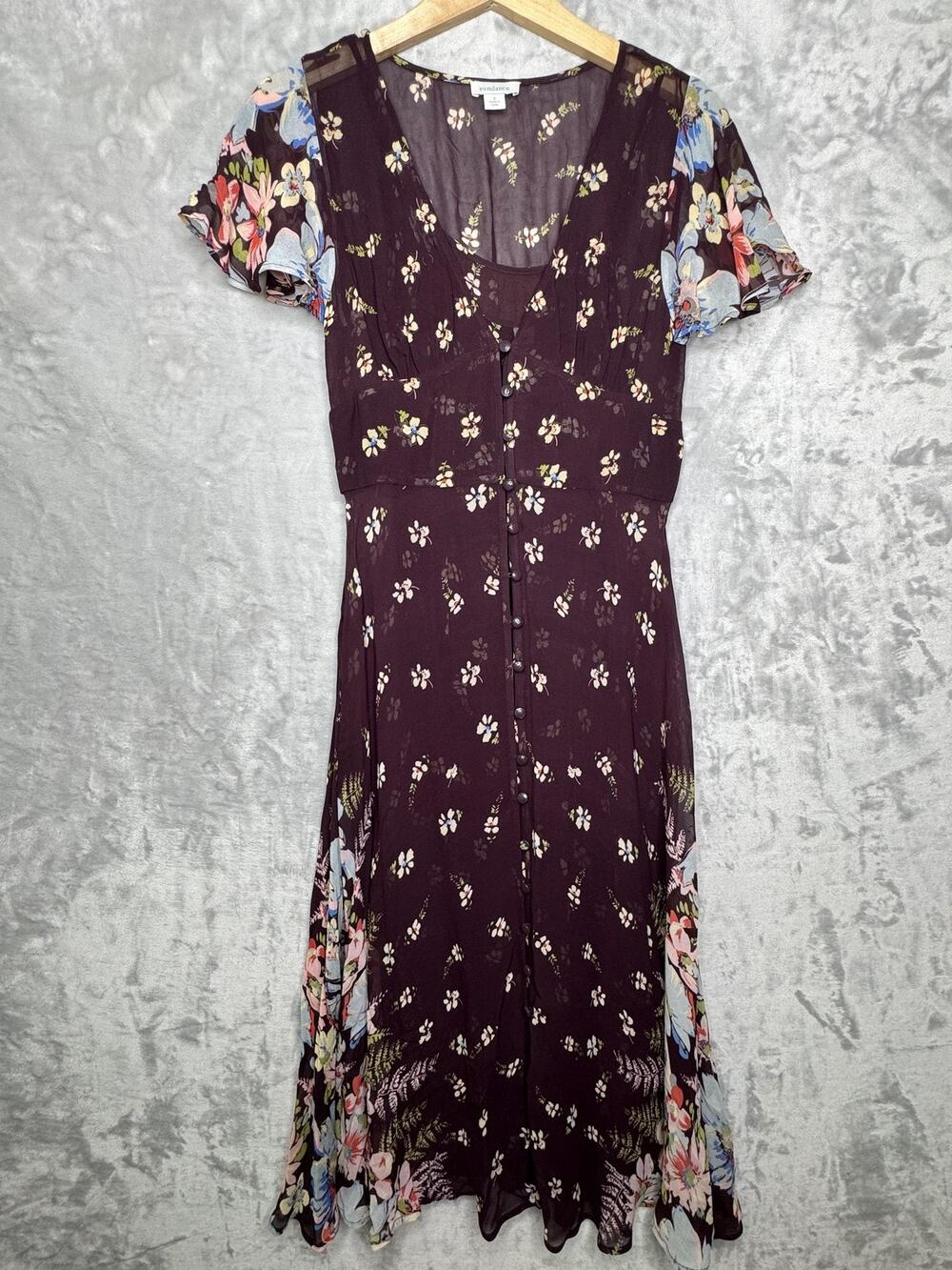 Sundance Dress Womens 2 Purple Floral Button Front Midi Whimsy Prairie Flutter